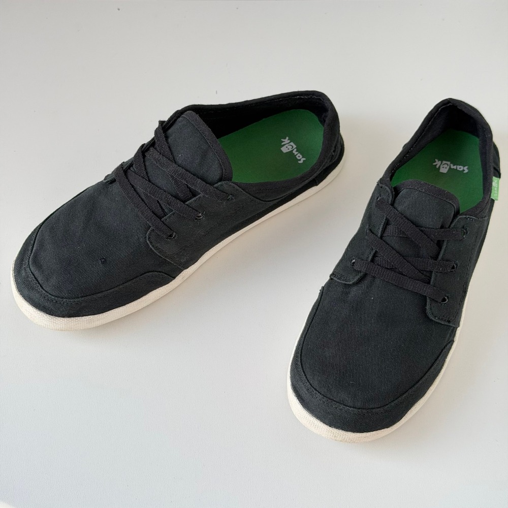 Sanuk Canvas Shoes Mens 6 Black Lace Up Minimalist Sneakers River Boat Outdoor